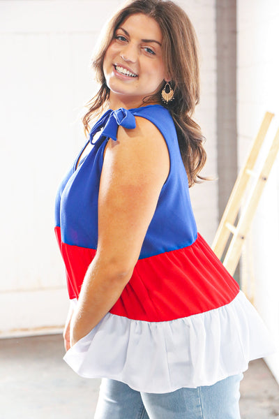 Patriotic Tiered Shoulder Tie Bow Crepe Top