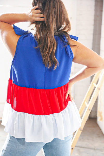 Patriotic Tiered Shoulder Tie Bow Crepe Top