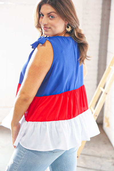 Patriotic Tiered Shoulder Tie Bow Crepe Top