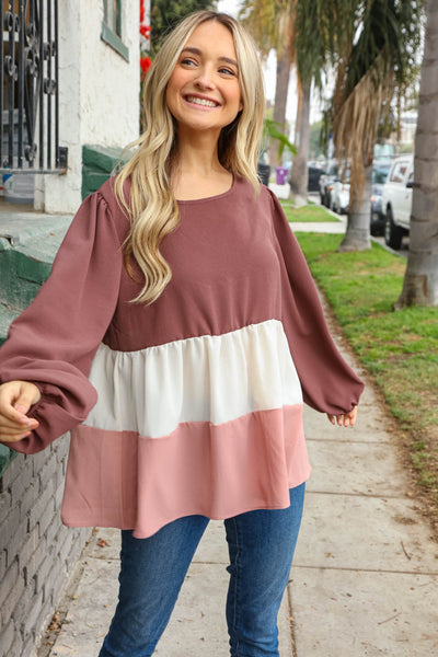 Eggplant Babydoll Bubble Sleeve Tiered Woven Blouse