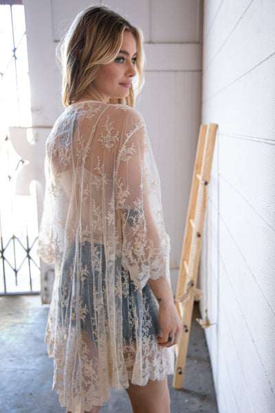 Cream Cotton Crochet Lace Three-Quarter Sleeve Open Kimono