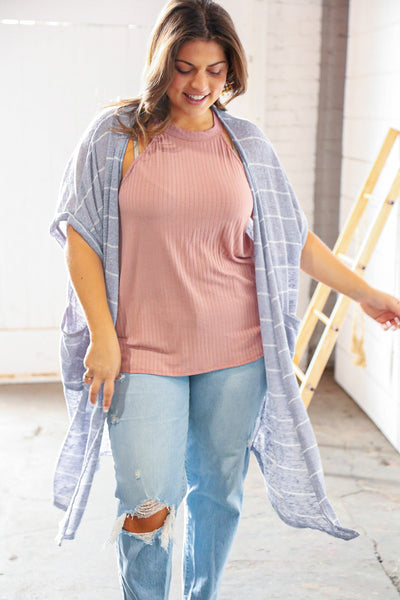 Grey Oversize Front Pocket Banded Short Sleeve Cardigan