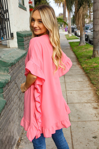 Rose Elbow Length Ruffle Hem Open Kimono