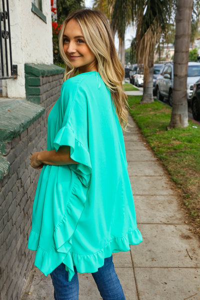 Mint Elbow Length Ruffle Hem Open Kimono