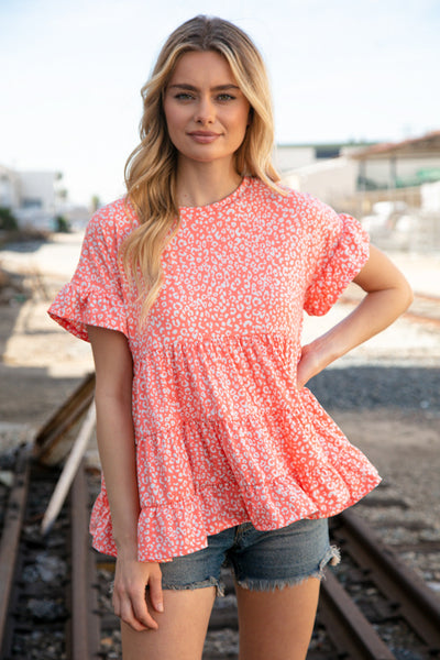 Coral Leopard Frill Ruffle Hem Tiered Swing Top