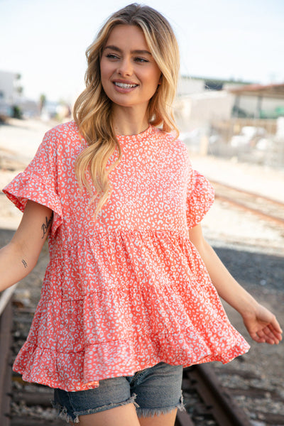 Coral Leopard Frill Ruffle Hem Tiered Swing Top