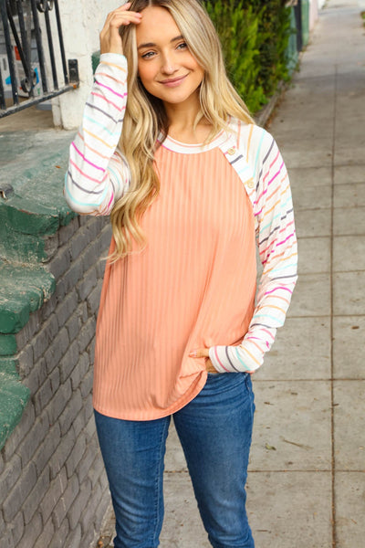 Coral Ribbed Multistripe Raglan Button Top