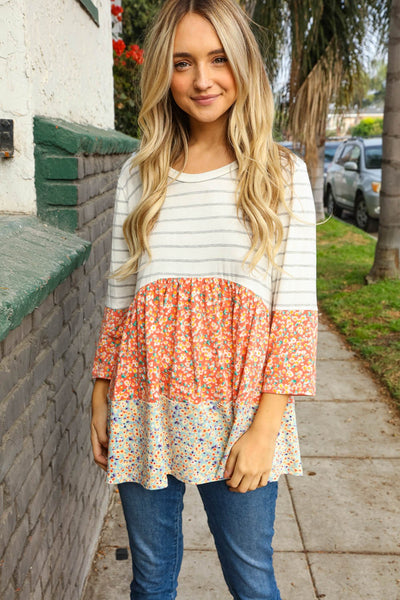 Peach Floral Tiered Stripe Color Block Top