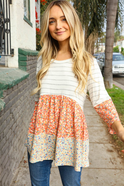 Peach Floral Tiered Stripe Color Block Top