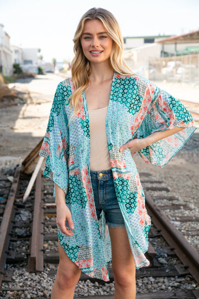 Teal Boho Ethnic Rayon Challis Cover Up Kimono