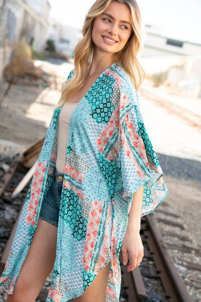 Teal Boho Ethnic Rayon Challis Cover Up Kimono