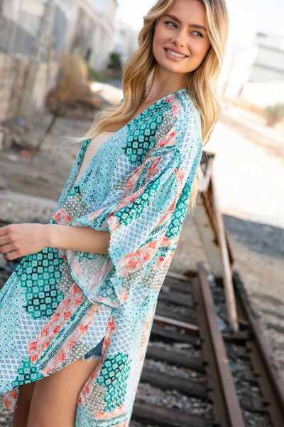 Teal Boho Ethnic Rayon Challis Cover Up Kimono