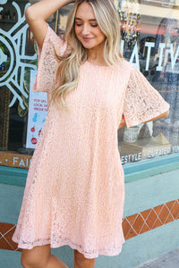 Peach Accordion Pleated Lace Midi Shift Dress