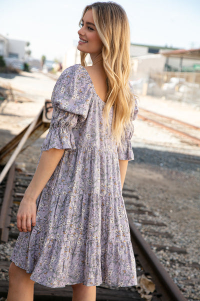 Lilac Challis Square Neck Floral Print Tiered Dess