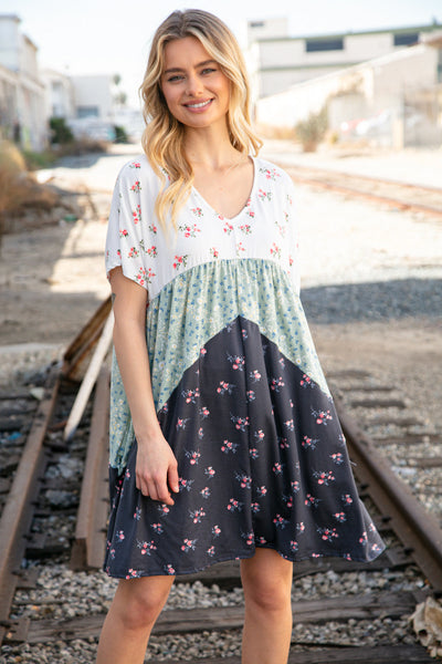 Sage/Navy Floral Dolman Sleeve V Neck Pocketed Dress