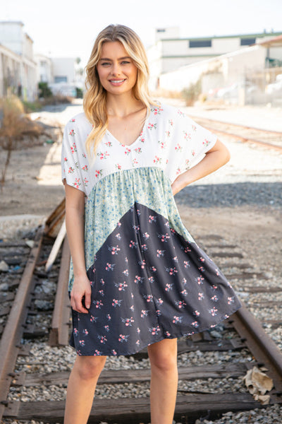 Sage/Navy Floral Dolman Sleeve V Neck Pocketed Dress