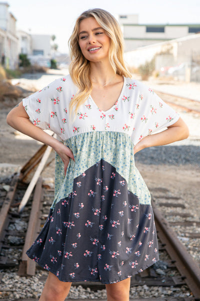 Sage/Navy Floral Dolman Sleeve V Neck Pocketed Dress