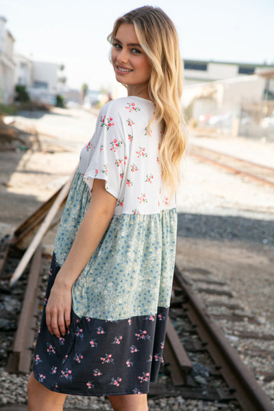 Sage/Navy Floral Dolman Sleeve V Neck Pocketed Dress