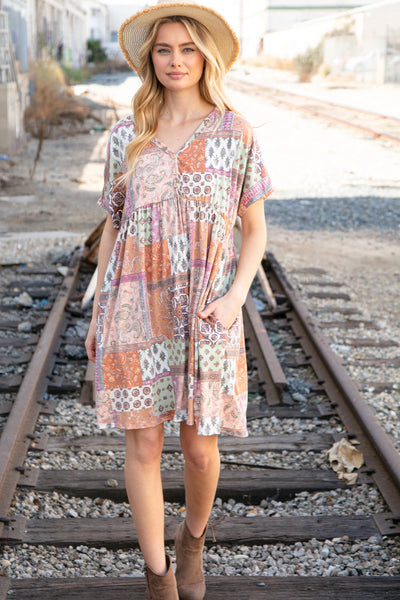 Sage & Taupe Button Dolman Sleeve Boho Pocketed Dress