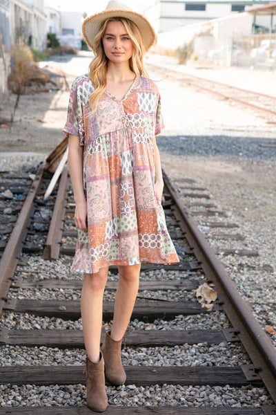 Sage & Taupe Button Dolman Sleeve Boho Pocketed Dress