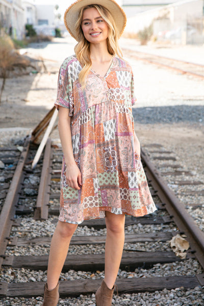 Sage & Taupe Button Dolman Sleeve Boho Pocketed Dress