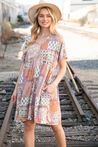 Sage & Taupe Button Dolman Sleeve Boho Pocketed Dress