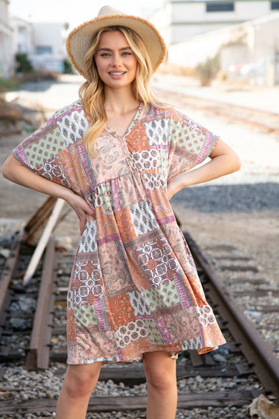 Sage & Taupe Button Dolman Sleeve Boho Pocketed Dress