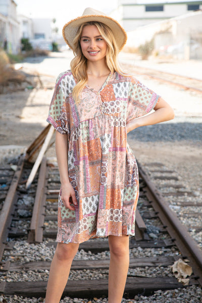 Sage & Taupe Button Dolman Sleeve Boho Pocketed Dress