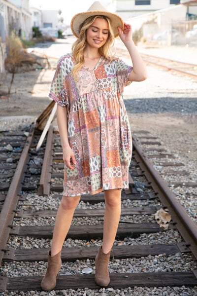 Sage & Taupe Button Dolman Sleeve Boho Pocketed Dress