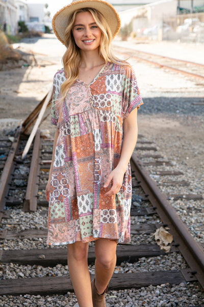 Sage & Taupe Button Dolman Sleeve Boho Pocketed Dress