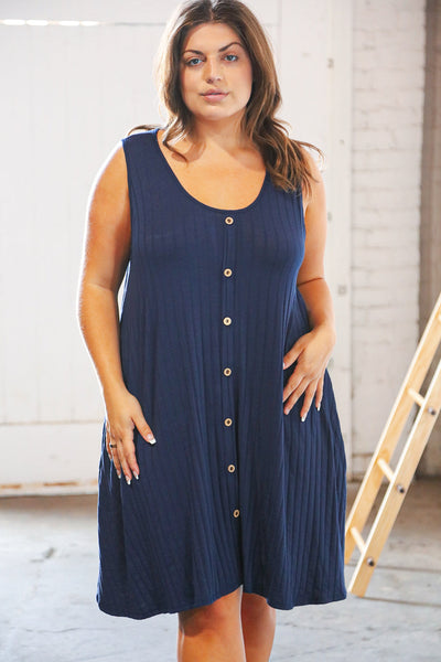 Navy Button Detail Fit and Flare Pocketed Ribbed Dress