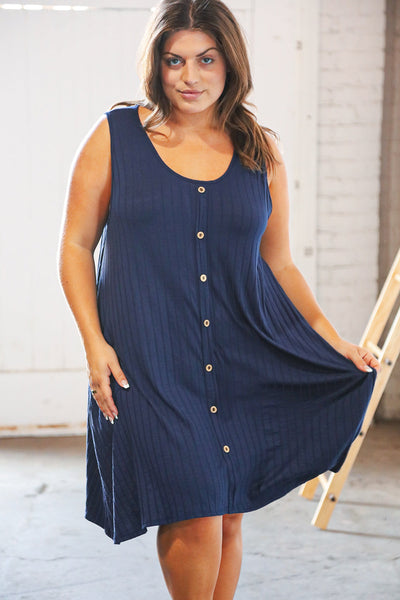 Navy Button Detail Fit and Flare Pocketed Ribbed Dress