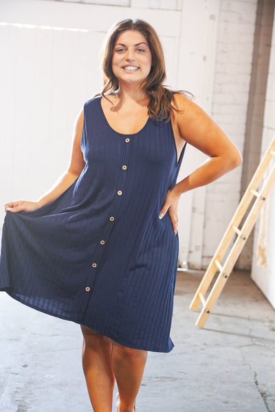 Navy Button Detail Fit and Flare Pocketed Ribbed Dress