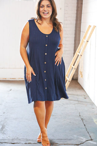 Navy Button Detail Fit and Flare Pocketed Ribbed Dress