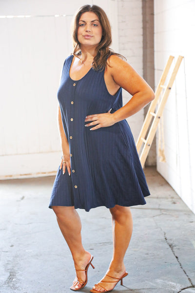 Navy Button Detail Fit and Flare Pocketed Ribbed Dress