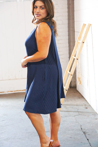 Navy Button Detail Fit and Flare Pocketed Ribbed Dress