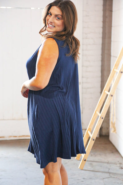 Navy Button Detail Fit and Flare Pocketed Ribbed Dress