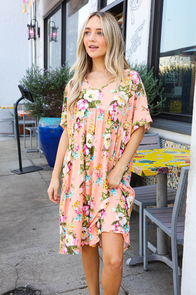 Peach Floral Drop Shoulder Midi Tunic Pocketed Dress