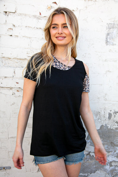 Leopard Cut Out Two Fer Short Sleeve Knit Top