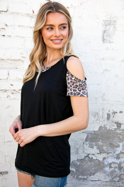 Leopard Cut Out Two Fer Short Sleeve Knit Top