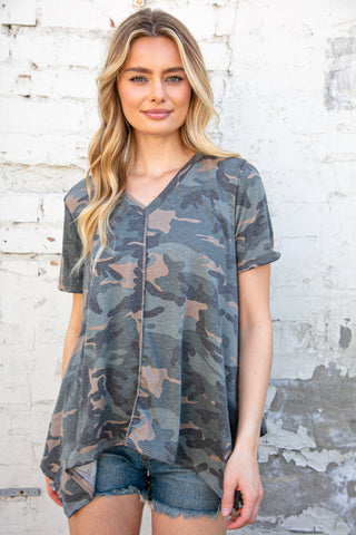 Camo Shark Bite Handkerchief Hem Knit Top