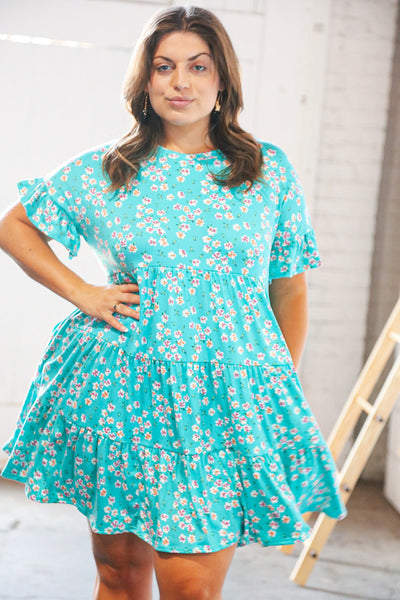 Blue Floral Tiered Flutter Sleeve Pocketed Dress