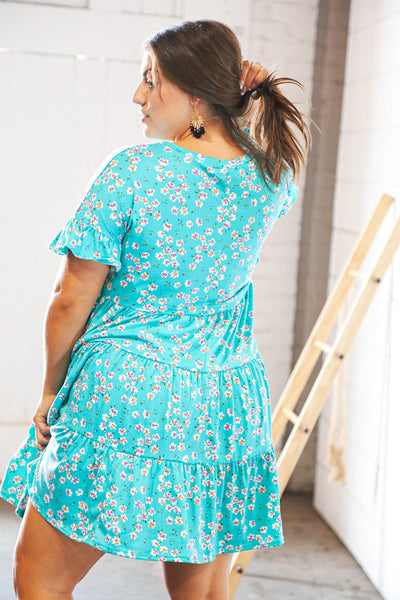 Blue Floral Tiered Flutter Sleeve Pocketed Dress