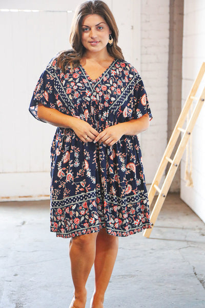 Navy Boho Paisely Dolman V Neck Pocketed Dress