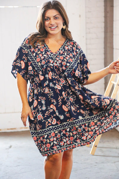 Navy Boho Paisely Dolman V Neck Pocketed Dress