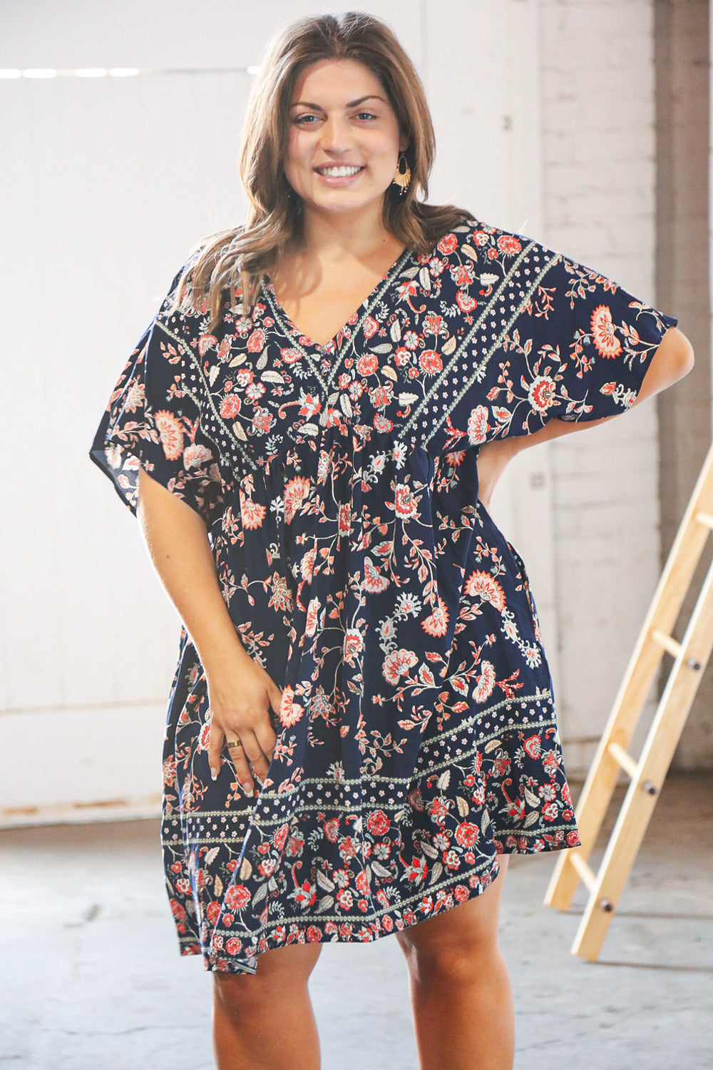 Navy Boho Paisely Dolman V Neck Pocketed Dress