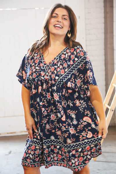 Navy Boho Paisely Dolman V Neck Pocketed Dress