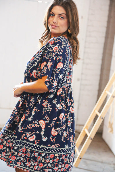 Navy Boho Paisely Dolman V Neck Pocketed Dress