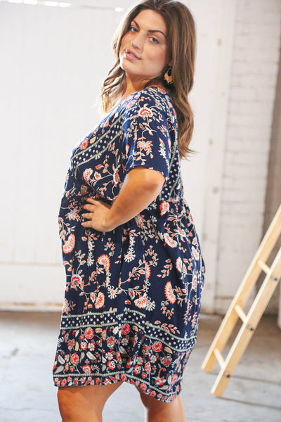 Navy Boho Paisely Dolman V Neck Pocketed Dress