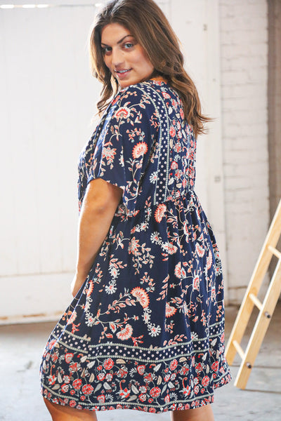 Navy Boho Paisely Dolman V Neck Pocketed Dress